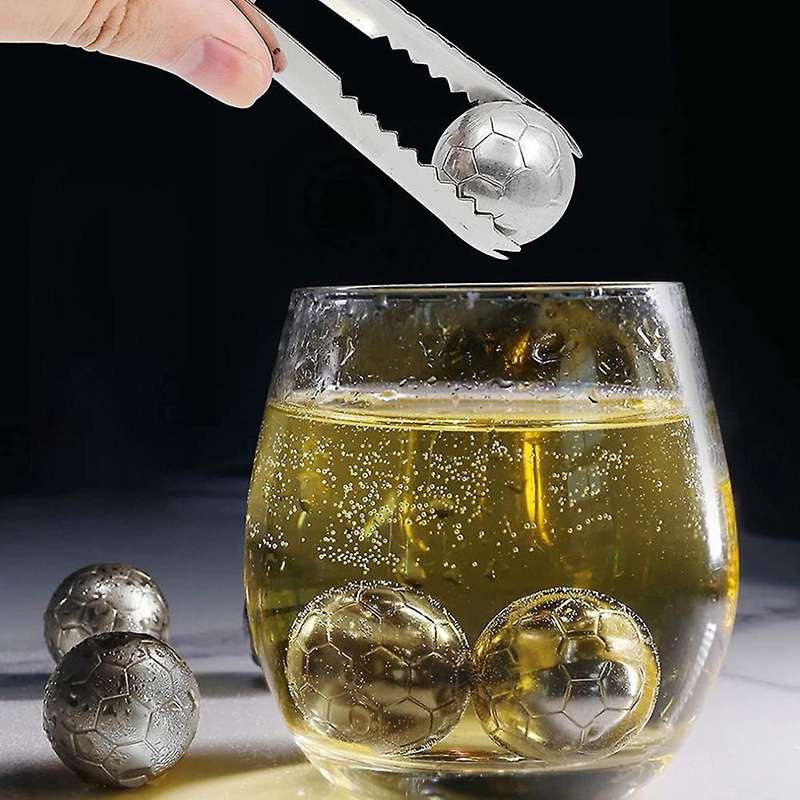 Soccer Whiskey Stones Stainless Steel Reusable Ice Cubes & Ice Tongs Chilling Rocks for Vodka/Beer R