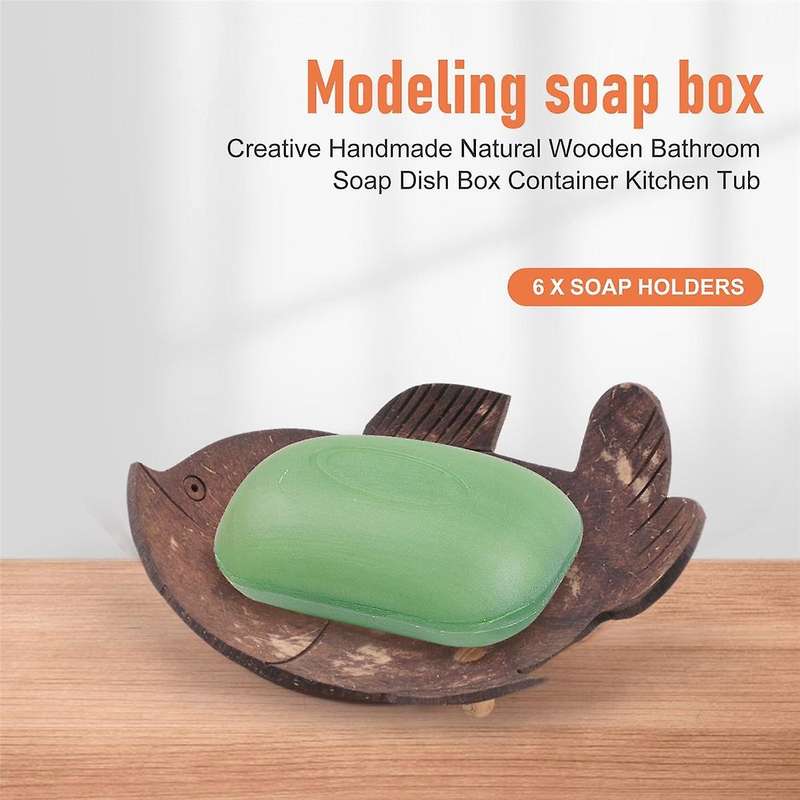 Soap Holder Wooden Coconut Bathroom Drain Soap Dish Cartoon Animal Soap Tray(6Pcs)