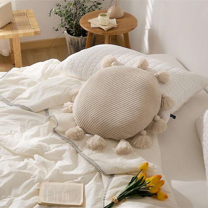Soft Round Seat Cushion Kawaii Home Decor Cushion with Tassels for Car Sofa Chair Knitted Back Cushi