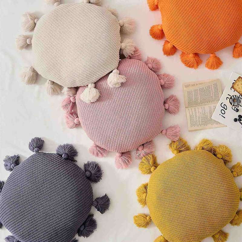 Soft Round Seat Cushion Kawaii Home Decor Cushion with Tassels for Car Sofa Chair Knitted Back Cushi