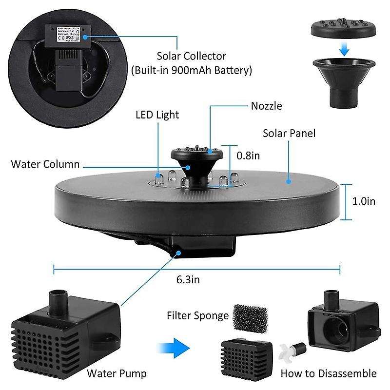 Solar Fountain Pump for Bird Bath,3W Floating Fountain with 6 LED Lights,7 Nozzles,for Garden, Pond,