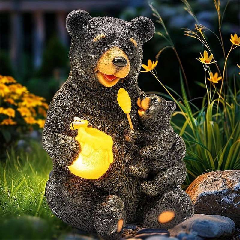 Solar Garden Statues Loving Bear Figurine Lights for Outdoor, Yard, Patio,