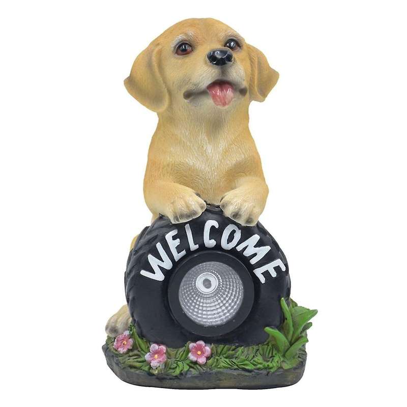 Solar Garden Dog Statue Welcome Sign with Led Lights Resin Solar Powered Puppy Figurine Decorative S