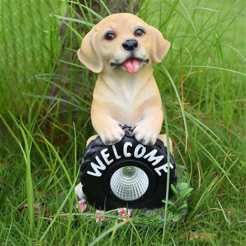 Solar Garden Dog Statue Welcome Sign with Led Lights Resin Solar Powered Puppy Figurine Decorative S
