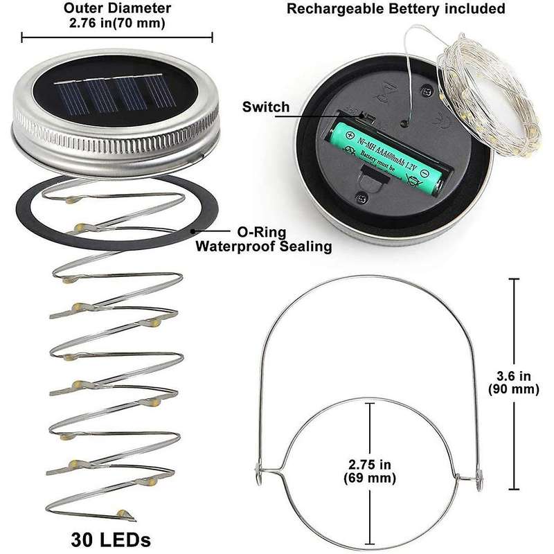 Solar Jar Lights -8 Pack 30 LED Waterproof Lids Lights with 8 Handle(Jars Not Included),Perfect for