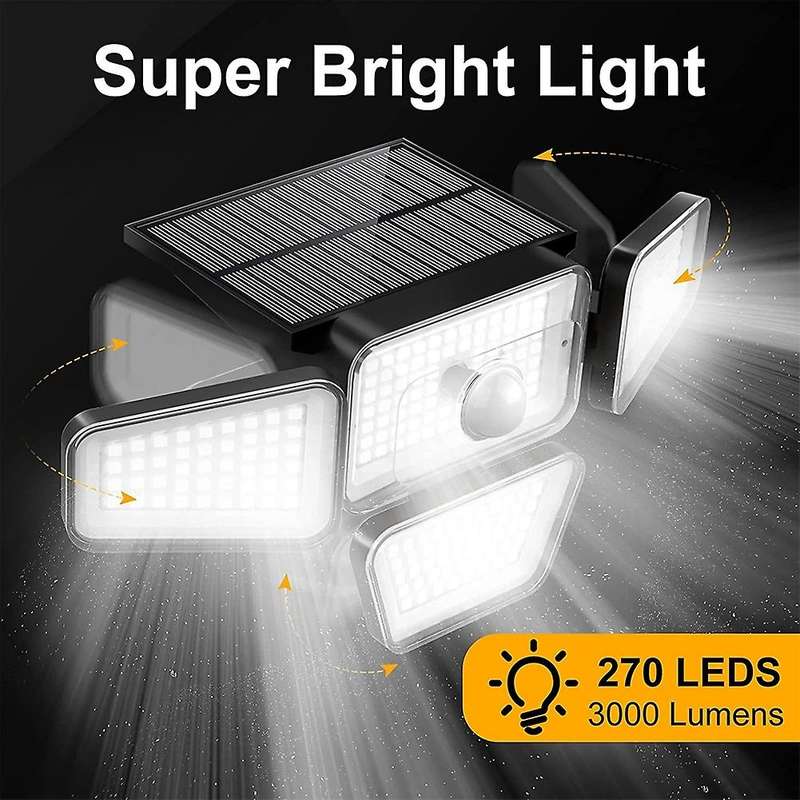 Solar Lights Outdoor, 270 LED 3000LM Motion Sensor Light, IP65 Waterproof 4 Heads 3 Modes Wide Angle