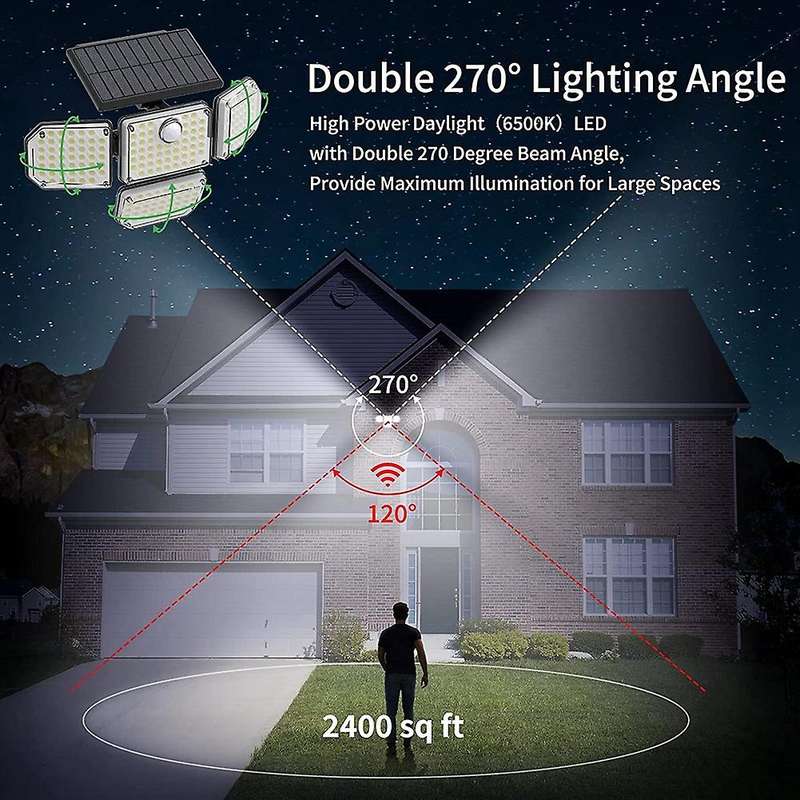 Solar Motion Lights Outdoor, 2600LM 4 Head Solar Lights Outdoor, Super Bright 3 Modes Solar Flood Li
