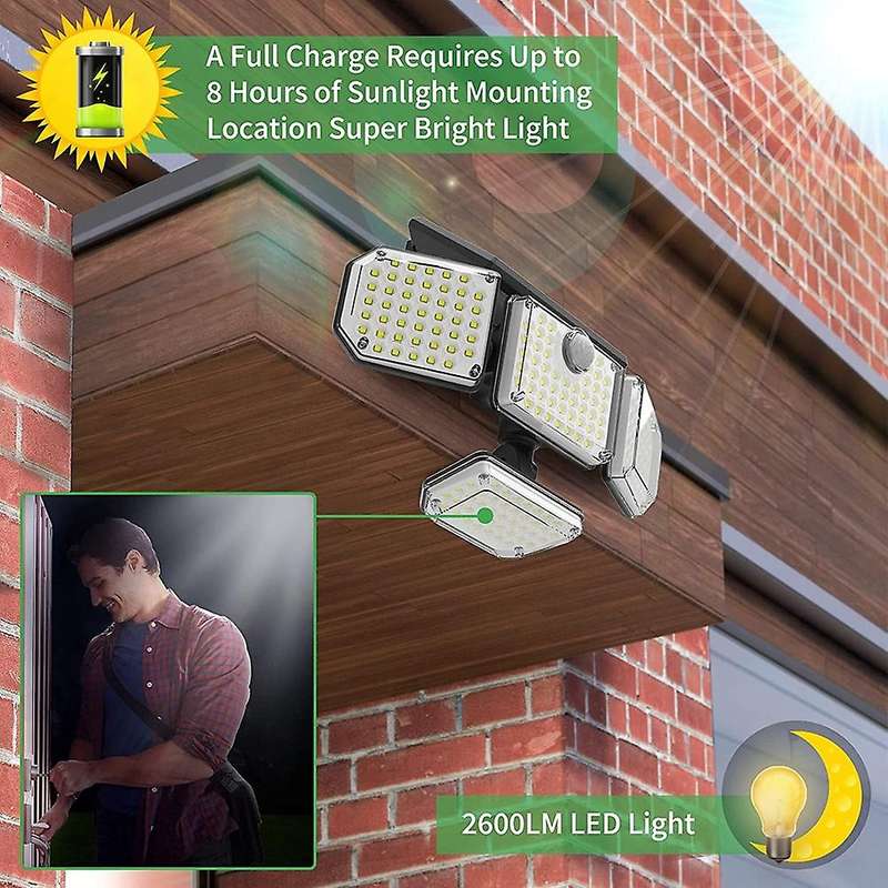 Solar Motion Lights Outdoor, 2600LM 4 Head Solar Lights Outdoor, Super Bright 3 Modes Solar Flood Li