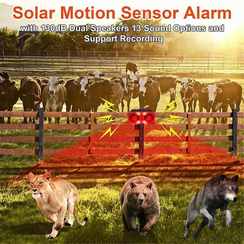 Solar Outdoor Motion Sensor Alarm with 13 Sound,130db Dual Speaker Motion Detector Alarm Light with