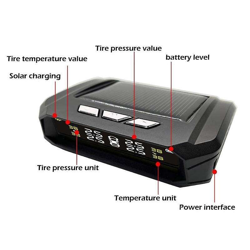 Solar Wireless TPMS Tire Pressure Monitoring System LCD Display Tyre Temperature Alarm Systems with
