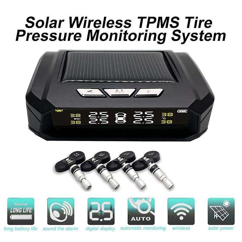 Solar Wireless TPMS Tire Pressure Monitoring System LCD Display Tyre Temperature Alarm Systems with