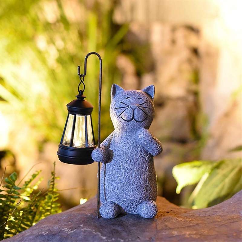 Solar-Powered Resin Cat Statue, Garden Figurine Lights with Unique Smiling Design, Decor for Patio,
