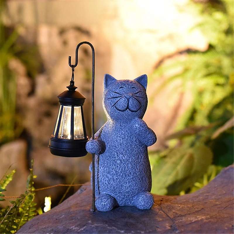 Solar-Powered Resin Cat Statue, Garden Figurine Lights with Unique Smiling Design, Decor for Patio,