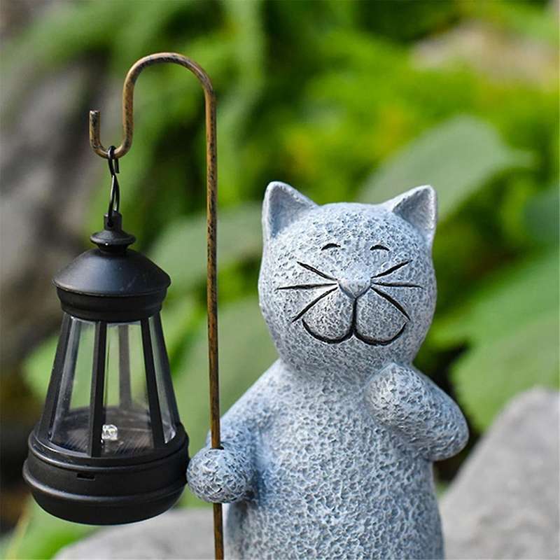 Solar-Powered Resin Cat Statue, Garden Figurine Lights with Unique Smiling Design, Decor for Patio,