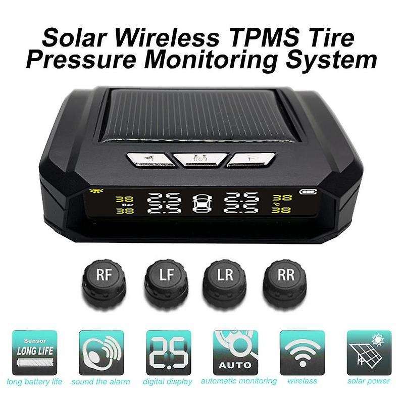 Solar Wireless TPMS Tire Pressure Monitoring System LCD Display Tyre Temperature Alarm Systems with