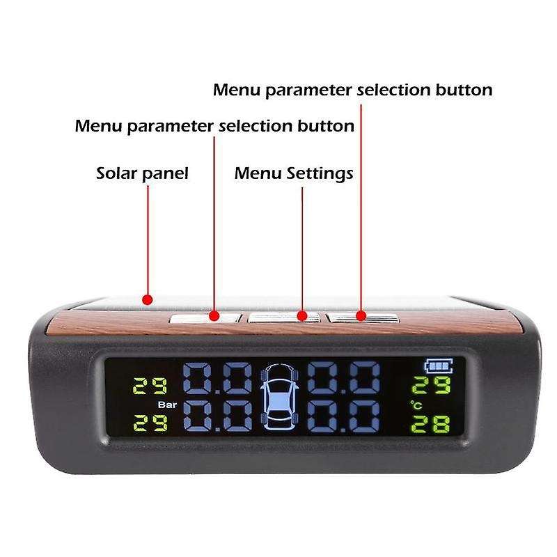 Solar Wireless TPMS LCD Car Tire Pressure Monitoring System with 4x External Sensors Automatic Alarm