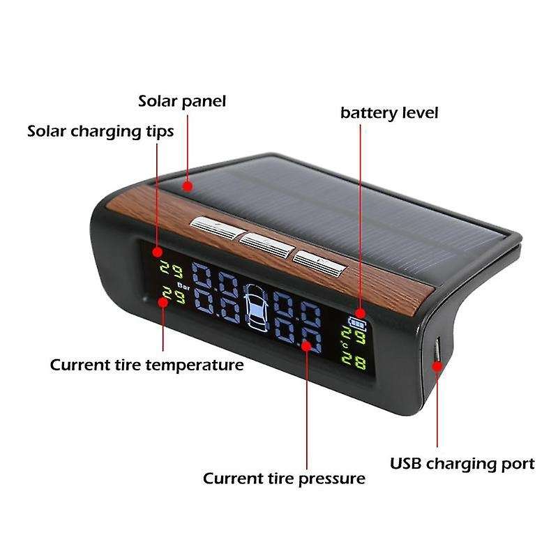 Solar Wireless TPMS LCD Car Tire Pressure Monitoring System with 4x External Sensors Automatic Alarm