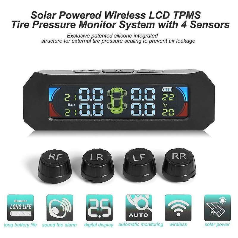 Solar Wireless Tpms Car Tire Pressure Temperature Monitoring System Lcd Color Screen with 4 External