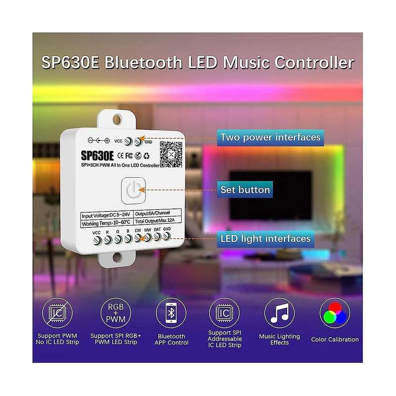 SP630E Bluetooh LED Controller Support PWM Single Color CCT RGB RGBW RGBCCT and SPI TTL IC Chip Ligh