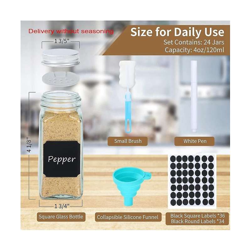 Spice Jars with Label, 24 Pcs Glass Spice Jars 4oz Seasoning Organizer, Empty Square Spice Container
