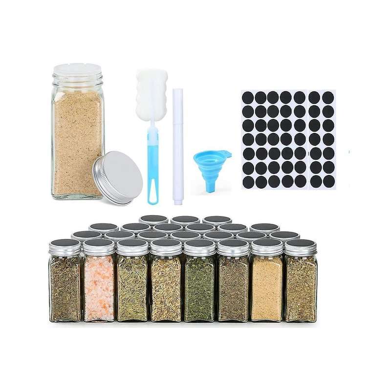 Spice Jars with Label, 24 Pcs Glass Spice Jars 4oz Seasoning Organizer, Empty Square Spice Container