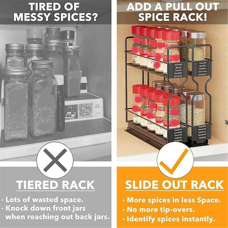 Spice Rack Organizer, 2-Tier Pull Out Seasoning Rack for Kitchen Cabinet, Spice Drawer Organizer Sh