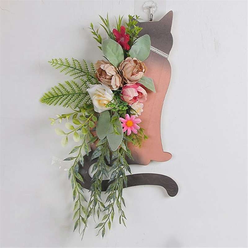 Spring Cats Wreaths for Front Door, Artificial Spring Summer Cats Door Wreaths with Green Leaf, Farm