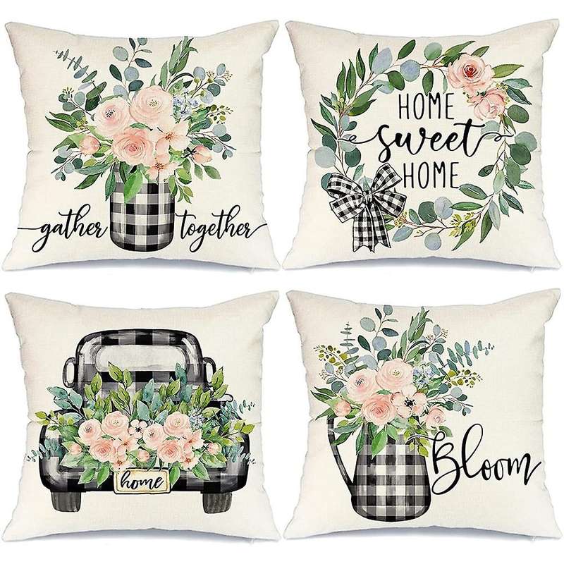 Spring Pillow Covers 18X18 Set of 4 Home Throw Pillows Spring Decorations Farmhouse Pillows for Sofa