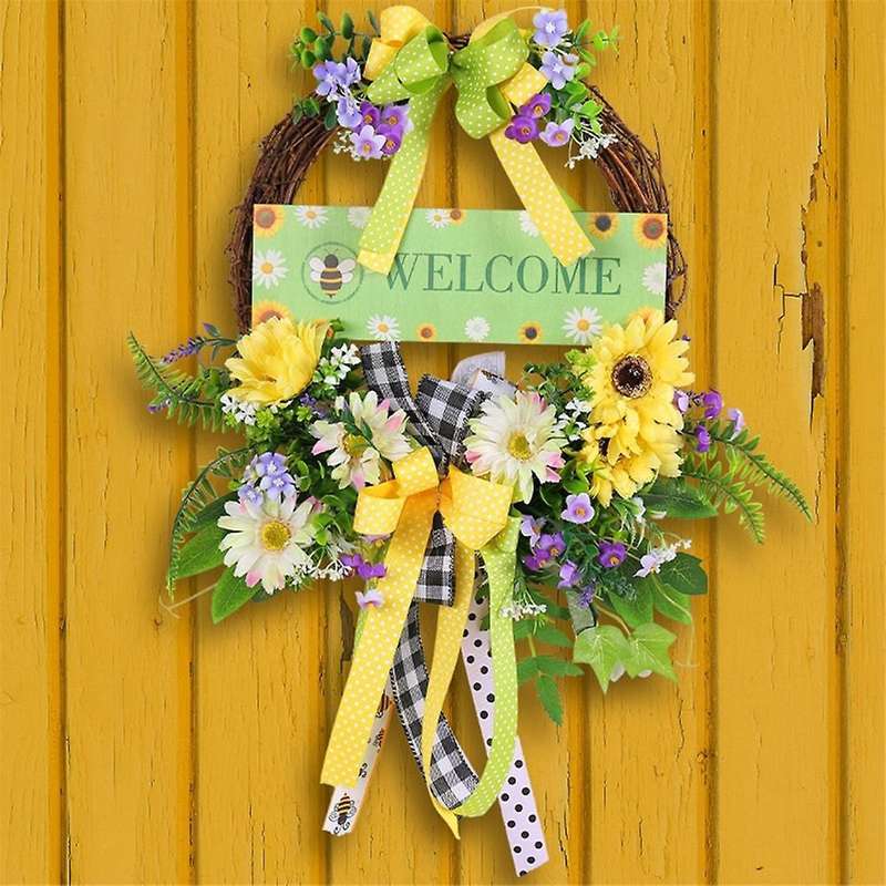 Spring Daisy Wreaths for Front Door, Artificial Spring Summer Door Wreaths with Bow Green Leaf, Farm