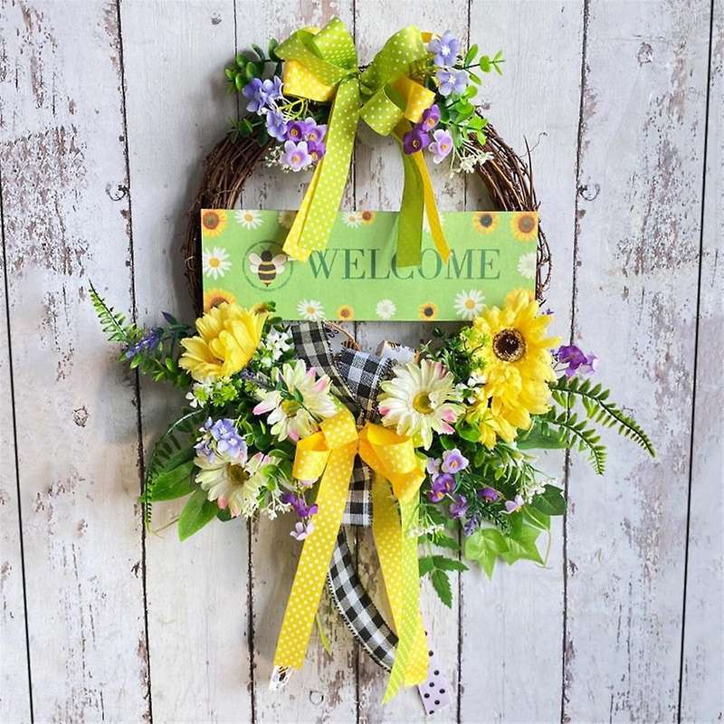 Spring Daisy Wreaths for Front Door, Artificial Spring Summer Door Wreaths with Bow Green Leaf, Farm