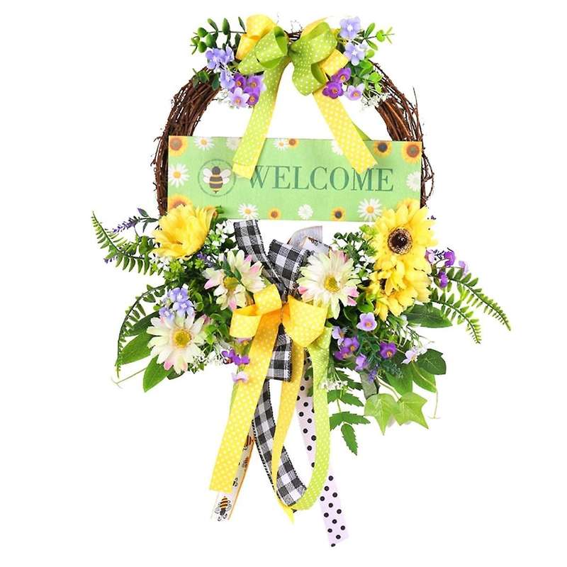 Spring Daisy Wreaths for Front Door, Artificial Spring Summer Door Wreaths with Bow Green Leaf, Farm