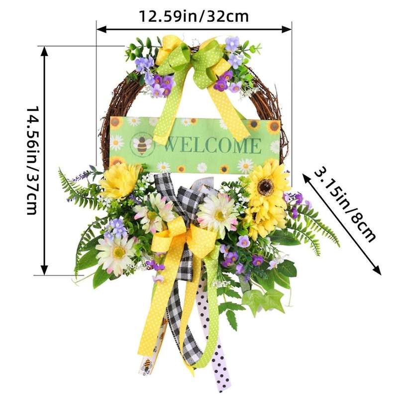 Spring Daisy Wreaths for Front Door, Artificial Spring Summer Door Wreaths with Bow Green Leaf, Farm