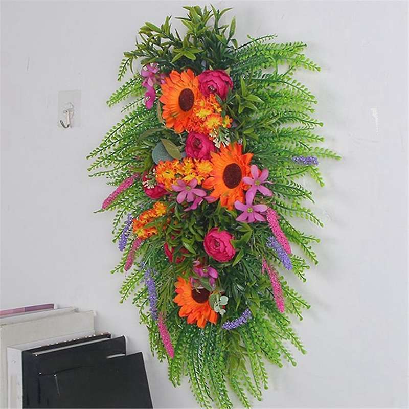 Spring Lavender Wreaths for Front Door, Artificial Spring Summer Door Wreaths with Wildflowers Leaf,