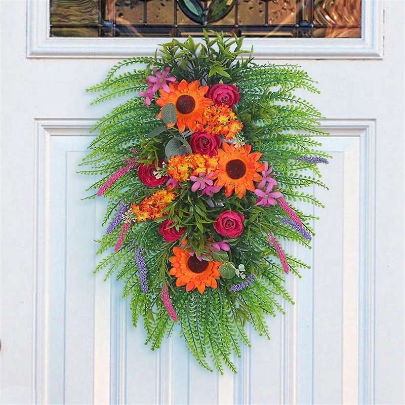 Spring Lavender Wreaths for Front Door, Artificial Spring Summer Door Wreaths with Wildflowers Leaf,