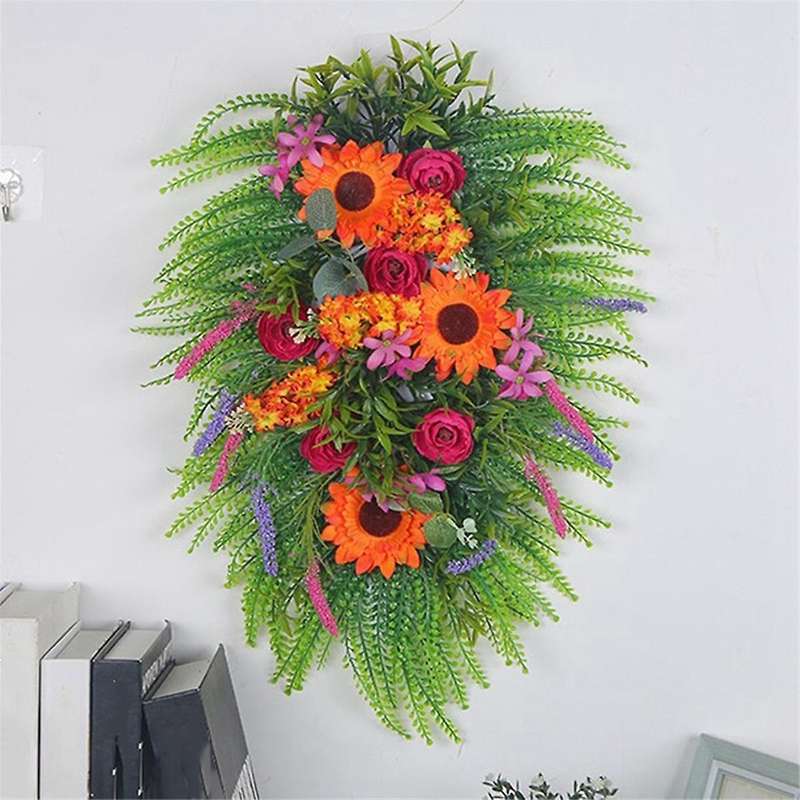 Spring Lavender Wreaths for Front Door, Artificial Spring Summer Door Wreaths with Wildflowers Leaf,