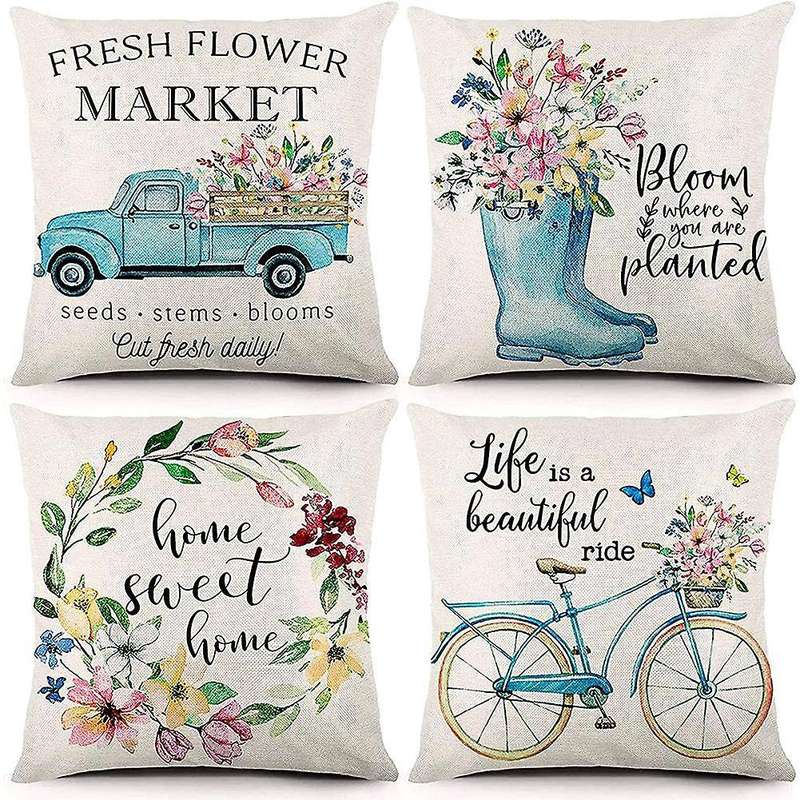 Spring Pillow Covers 18x18inch Throw Pillow Case 4, Farmhouse Cushion Case Home Decor