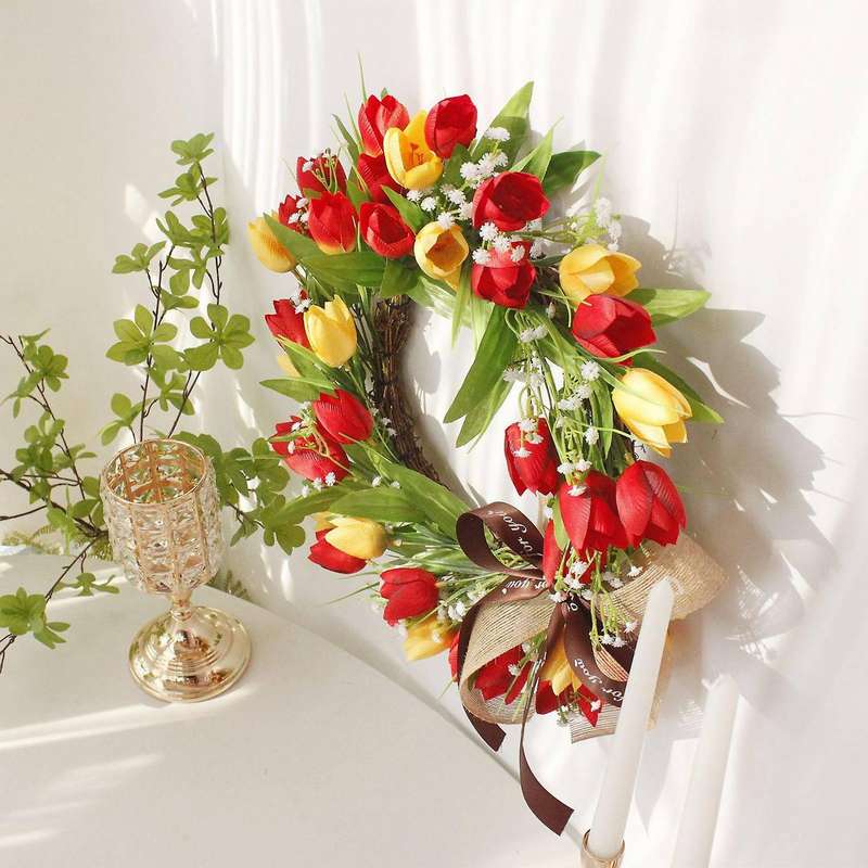 Spring Wreath Artificial Tulip Wreath for All Seasons Round Wreath for Front Door Farmhouse Wall Win
