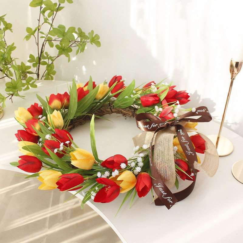 Spring Wreath Artificial Tulip Wreath for All Seasons Round Wreath for Front Door Farmhouse Wall Win