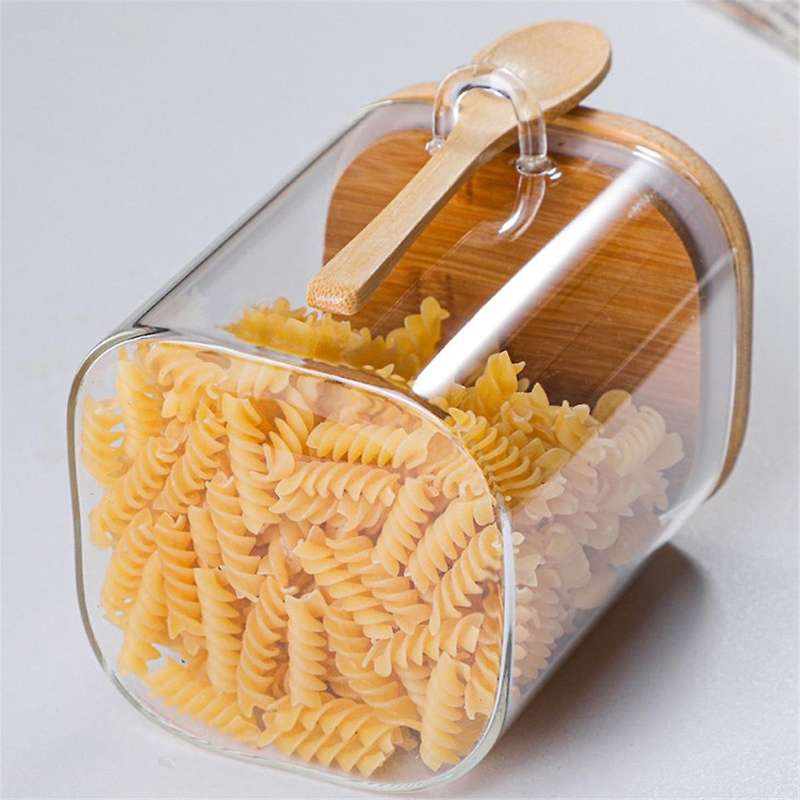 Square with Bamboo Lids and Spoons - Borosilicate Glass Food Storage Contaienrs for Coffee, Tea, Sug