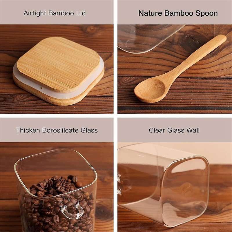 Square with Bamboo Lids and Spoons - Borosilicate Glass Food Storage Contaienrs for Coffee, Tea, Sug