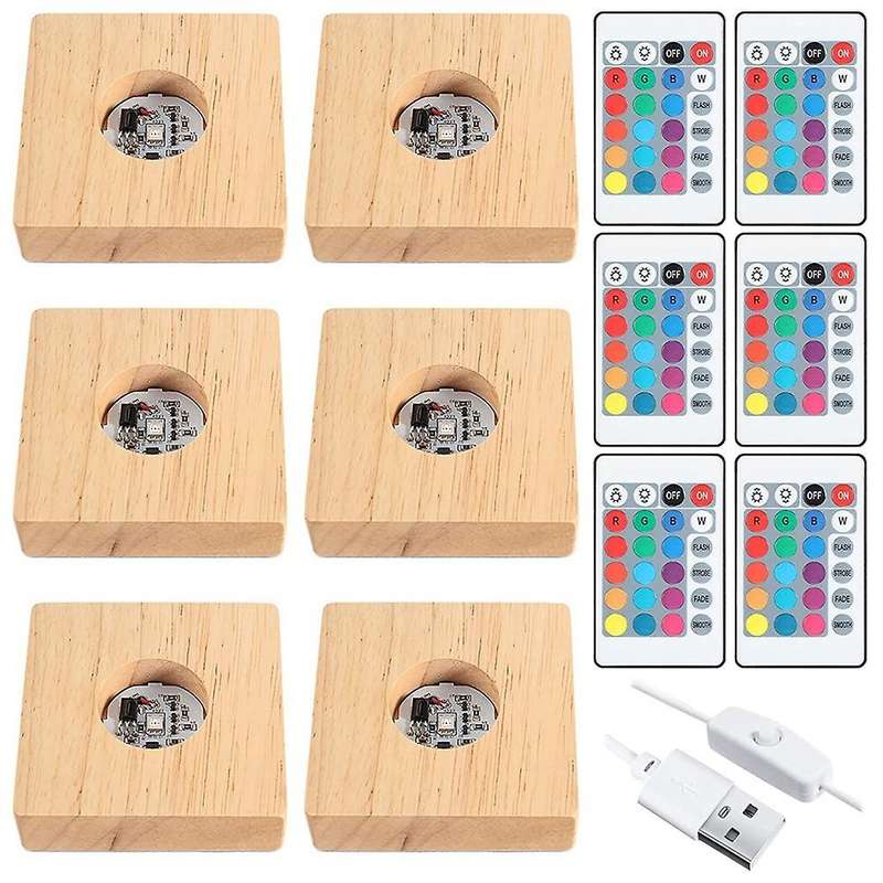Square Wooden LED Night Light Base Dimmable Wood Lighted Display Lamp Base Stand with Remote Control