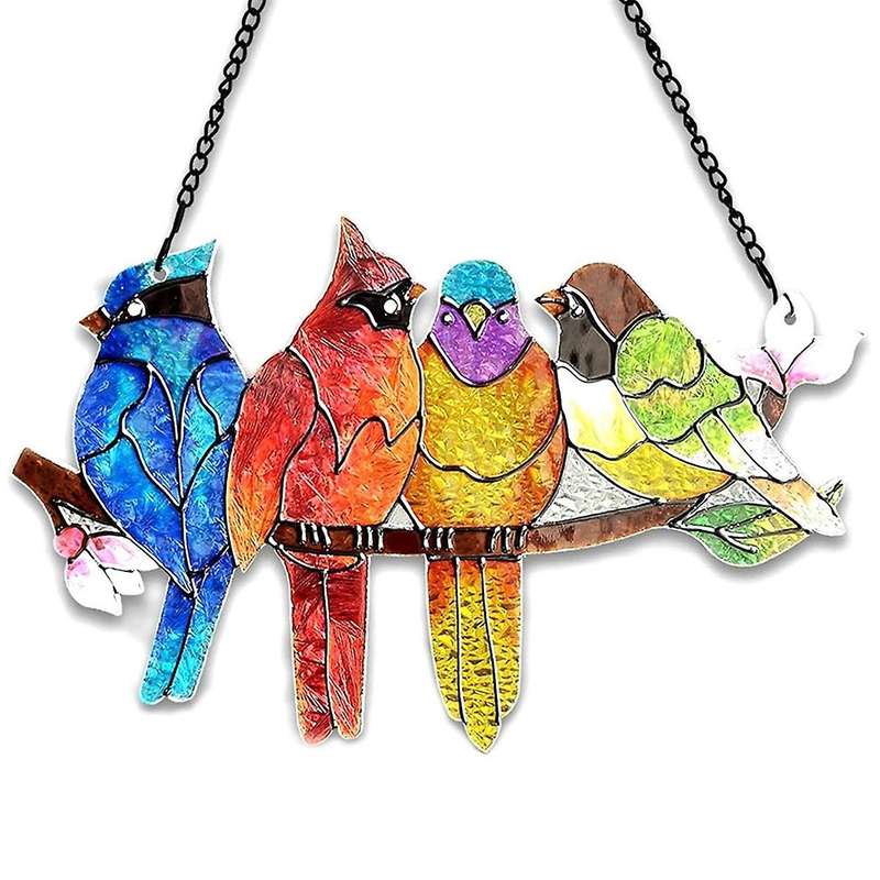 Stained Glass Window Hanging - Birds On A Branch Stain Glass Suncatcher, Double Side Glass Panel Win