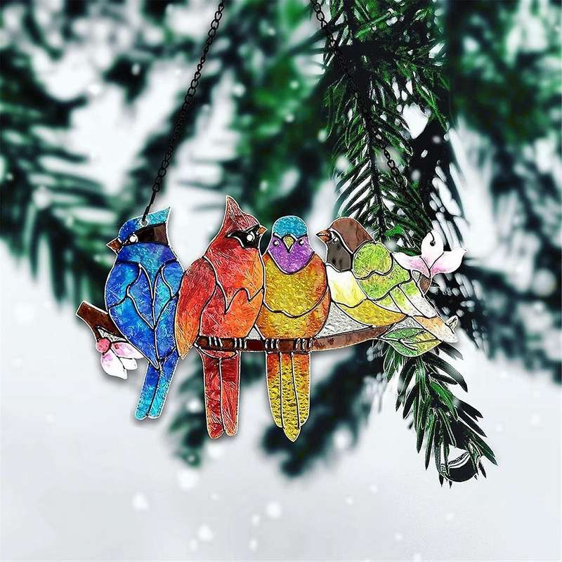 Stained Glass Window Hanging - Birds On A Branch Stain Glass Suncatcher, Double Side Glass Panel Win