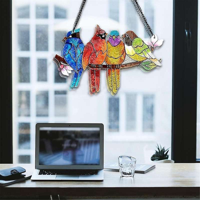 Stained Glass Window Hanging - Birds On A Branch Stain Glass Suncatcher, Double Side Glass Panel Win