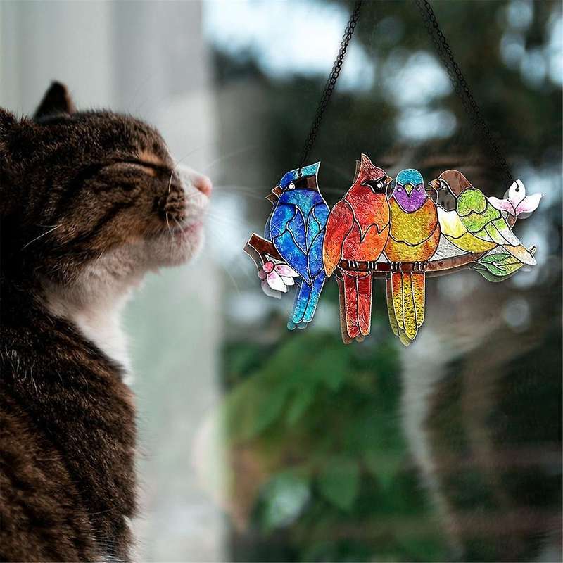 Stained Glass Window Hanging - Birds On A Branch Stain Glass Suncatcher, Double Side Glass Panel Win