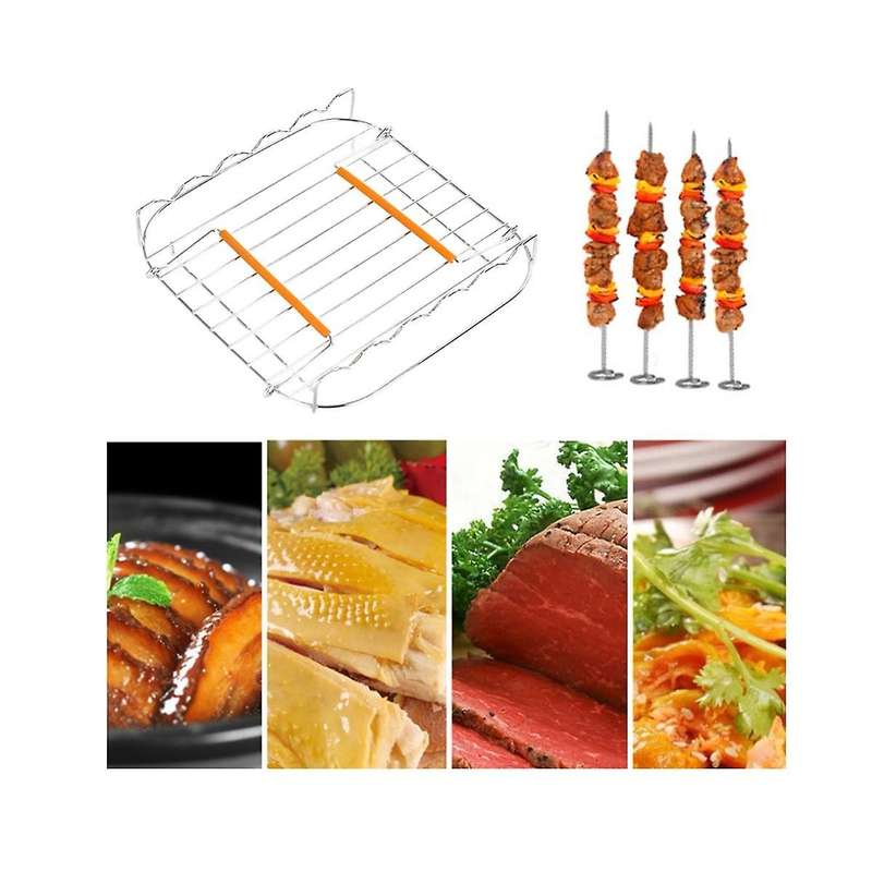 Stainless Steel Airfryer Grill Rack 8 Inch Versatile Square Roasting Grill with Skewers Baking Tray