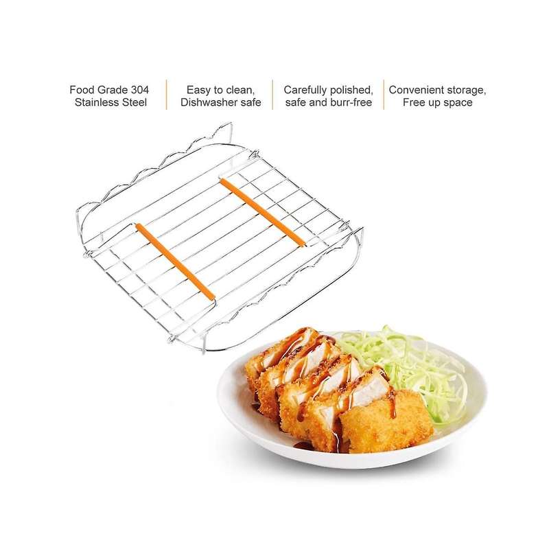 Stainless Steel Airfryer Grill Rack 8 Inch Versatile Square Roasting Grill with Skewers Baking Tray