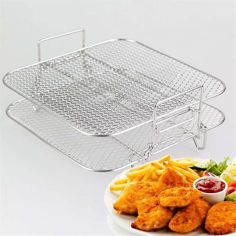 Stainless Steel Air Fryer Pot Double Layer Rack Versatile Square Roasting Grill Air Fryers Holder 5q