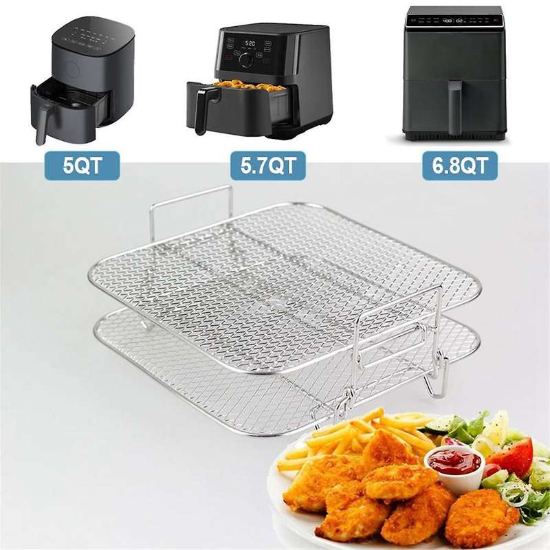 Stainless Steel Air Fryer Pot Double Layer Rack Versatile Square Roasting Grill Air Fryers Holder 5q