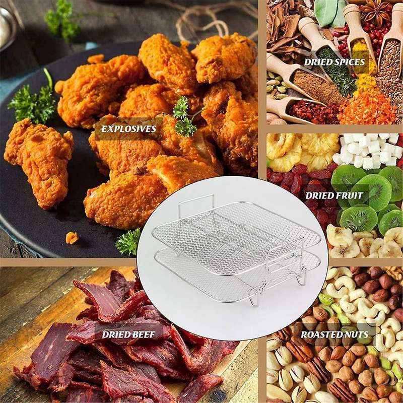 Stainless Steel Air Fryer Pot Double Layer Rack Versatile Square Roasting Grill Air Fryers Holder 5q